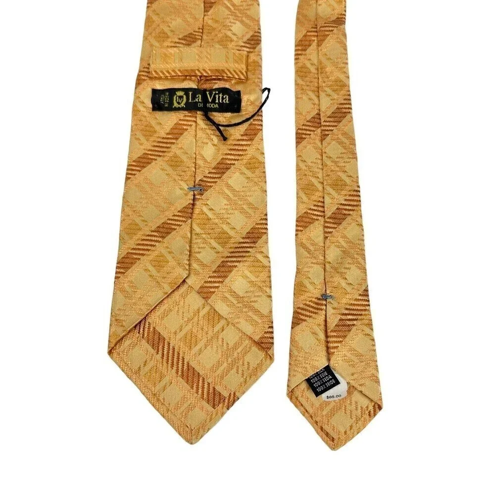 La Vita DiModa Tie Mens Beige Bronze Geo Stripe 100% Silk Necktie Jacquard Italy